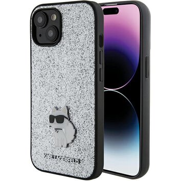 Karl Lagerfeld nakładka do iPhone 15 6,1" srebrna  hardcase Fixed Glitter Choupette Logo Metal Pin