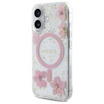 Guess Nakładka HC MagSafe Resin Flowers and Glitter do iPhone 16 Różowa