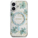 Guess Nakładka HC MagSafe Resin Flowers and Glitter do iPhone 16 Turkusowa