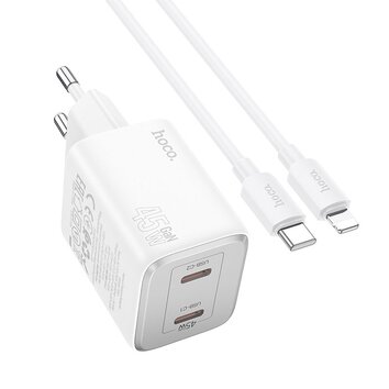 HOCO adowarka sieciowa 2 x Typ C + kabel Typ C do Lightning PD QC 45W GaN N42 biaa