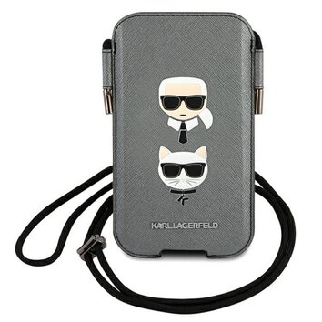 Karl Lagerfeld torebka na telefon 6,7" hardcase szara KLHCP12LOPHKCG Saffiano Ikonik Karl&Choupette Head