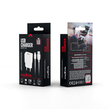 Maxlife ładowarka sieciowa MXTC-01 1x USB 2,1A biała + kabel USB-C