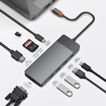 WiWU - HUB A921HV 9w1 USB3.0x2+USB2.0x1+SD/TF(3.0)+PD (100W)+USB-C(3.0)+HDMI(4K30HZ)+VGA1080P)