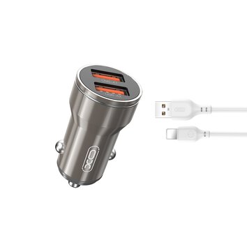 XO ładowarka samochodowa CC48 2x USB 2,4A szara + kabel Lightning