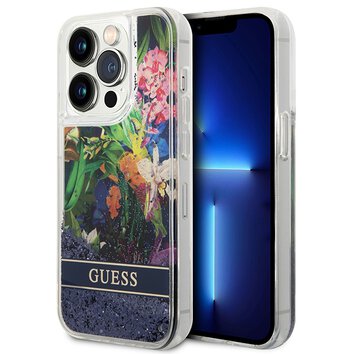 Guess nakładka do iPhone 14 Pro Max 6,7" GUHCP14XLFLSB niebieska hardcase Flower Liquid Glitter