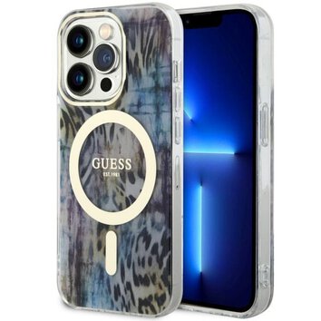 Guess nakładka do iPhone 14 Pro 6,1" GUHMP14LHLEOPWB niebieska hardcase Magsafe IML Leopard
