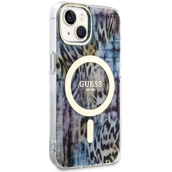 Guess nakładka do iPhone 14 6,1" GUHMP14SHLEOPWB niebieska hard case Leopard MagSafe