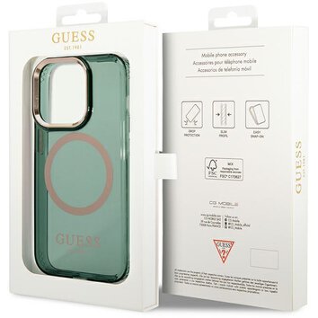 Guess nakładka do iPhone 14 Pro Max 6,7" GUHMP14XHTCMA khaki hard case Gold Outline Translucent MagSafe