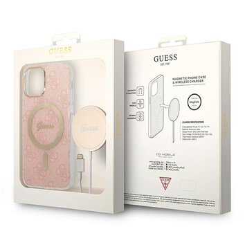 Guess zestaw nakładka + ładowarka do iPhone 12 / 12 Pro 6,1" GUBPP12MH4EACSP różowy hard case 4G Print MagSafe