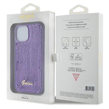 Guess nakładka do iPhone 15 6,1" GUHCP15SPSFDGSU fioletowa HC Sequin Script Metal