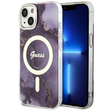 Guess nakładka do iPhone 14 6,1" GUHMP14SHTMRSU purpurowa hard case Golden Marble MagSafe