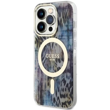 Guess nakładka do iPhone 14 Pro Max 6,7" GUHMP14XHLEOPWB niebieska hard case Leopard MagSafe