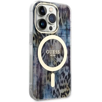 Guess nakładka do iPhone 14 Pro Max 6,7" GUHMP14XHLEOPWB niebieska hard case Leopard MagSafe