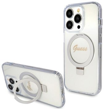 Guess nakładka do iPhone 15 Pro 6,1" GUHMP15LHRSGSD transparentna HC RING STAND MAGSAFE SCRIPT LOGO GLITTER