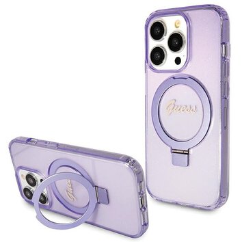Oryginalne Etui GUESS Hardcase GUHMP15LHRSGSU do iPhone 15 Pro (Magsafe / Glitter Script Logo / Ring stand / fioletowy)