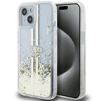 Guess nakładka do iPhone 15 6,1" GUHCP15SLFCSEGT transparentna HC LIQ. GLITTER GOLD STRIPES