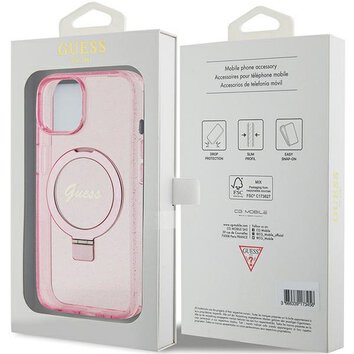 Oryginalne Etui GUESS Hardcase GUHMP15SHRSGSK do iPhone 15 (Magsafe / Glitter Script Logo / Ring stand / różowy)