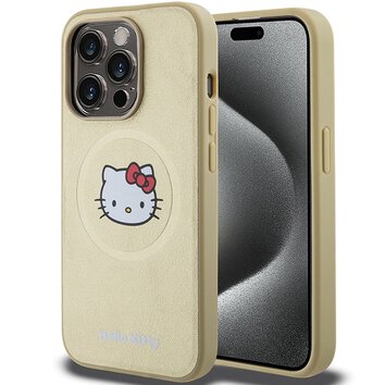 Nakładka Hello Kitty do iPhone 15 Pro 6.1" złota hardcase Leather Kitty Head MagSafe
