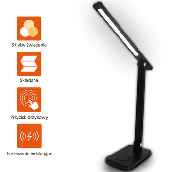 Lampka biurkowa LED 10W, 3000/4500/6000K, ładowanie indukcyjne, dotykowa, ściemniacz, czarna, LTC