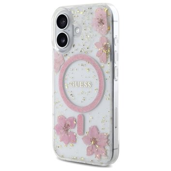 Guess Nakładka HC MagSafe Resin Flowers and Glitter do iPhone 16 Różowa