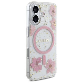 Guess Nakładka HC MagSafe Resin Flowers and Glitter do iPhone 16 Różowa