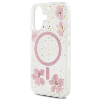 Guess Nakładka HC MagSafe Resin Flowers and Glitter do iPhone 16 Różowa