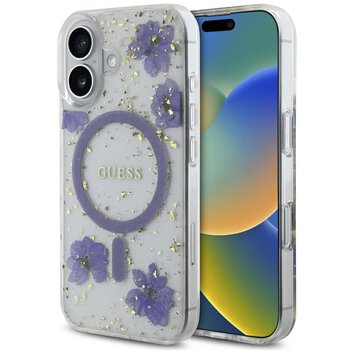 Guess Nakładka HC MagSafe Resin Flowers and Glitter do iPhone 16 Fioletowa