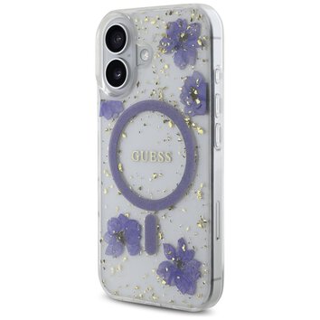 Guess Nakładka HC MagSafe Resin Flowers and Glitter do iPhone 16 Fioletowa