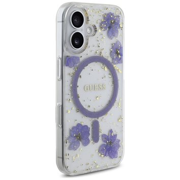 Guess Nakładka HC MagSafe Resin Flowers and Glitter do iPhone 16 Fioletowa