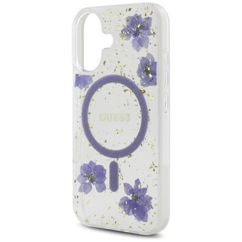 Guess Nakładka HC MagSafe Resin Flowers and Glitter do iPhone 16 Fioletowa