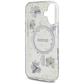 Guess Nakładka HC MagSafe Resin Flowers and Glitter do iPhone 16 Fioletowa