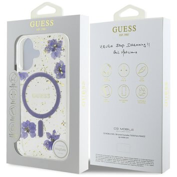 Guess Nakładka HC MagSafe Resin Flowers and Glitter do iPhone 16 Fioletowa