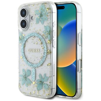 Guess Nakładka HC MagSafe Resin Flowers and Glitter do iPhone 16 Turkusowa
