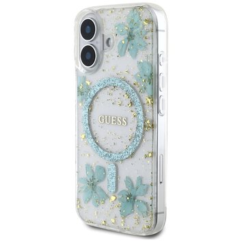 Guess Nakładka HC MagSafe Resin Flowers and Glitter do iPhone 16 Turkusowa