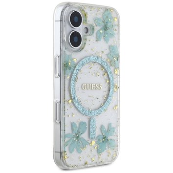 Guess Nakładka HC MagSafe Resin Flowers and Glitter do iPhone 16 Turkusowa