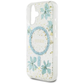 Guess Nakładka HC MagSafe Resin Flowers and Glitter do iPhone 16 Turkusowa