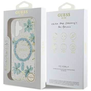 Guess Nakładka HC MagSafe Resin Flowers and Glitter do iPhone 16 Turkusowa