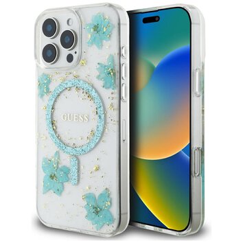 Guess Nakładka HC MagSafe Resin Flowers and Glitter do iPhone 16 Pro Max Turkusowa