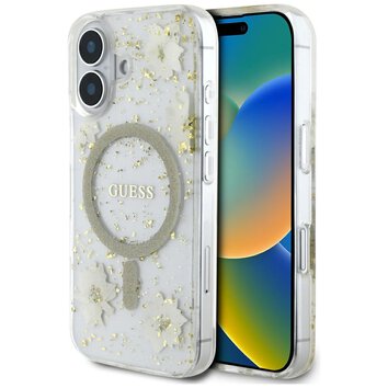 Guess Nakładka HC MagSafe Resin Flowers and Glitter do iPhone 16 Beżowa