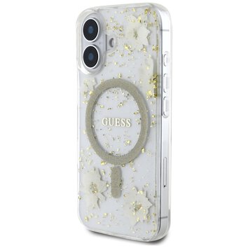 Guess Nakładka HC MagSafe Resin Flowers and Glitter do iPhone 16 Beżowa
