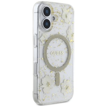 Guess Nakładka HC MagSafe Resin Flowers and Glitter do iPhone 16 Beżowa