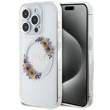 Oryginalne Etui GUESS Hardcase GUHMP15LHFWFCT do iPhone 15 Pro (Kompatybilny z Magsafe / Flowers Wreath / transparent)