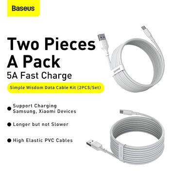 BASEUS kabel USB do Typ C 2,4A  Simple Wisdom TZCATZJ-02 1,5 metra biały 2 sztuki w zestawie