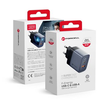 Forcell F-Energy adowarka Sieciowa GaN - 45W z portami: USB C i USB A z adowaniem PD i QC 4.0