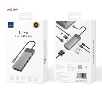 WiWU - HUB A921HV 9w1 USB3.0x2+USB2.0x1+SD/TF(3.0)+PD (100W)+USB-C(3.0)+HDMI(4K30HZ)+VGA1080P)