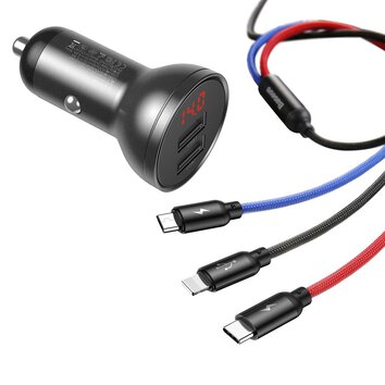 BASEUS adowarka samochodowa 2 x USB A z wywietlaczem + kabel 3w1 Micro USB / Lightning / Typ C 4,8A 24W TZCCBX-0G czarna