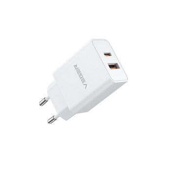 VEGER adowarka sieciowa USB A QC3.0 + Typ C PD 30W VLS302U biaa