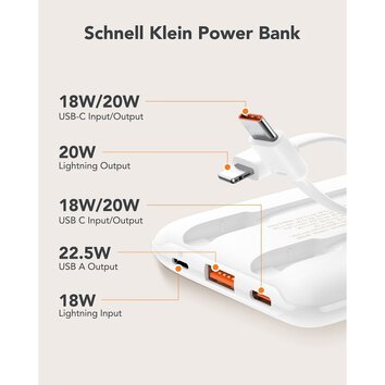 VEGER powerbank 10 000 mAh z wbudowanymi kablami Typ C / Lightning PD QC3.0 2A 22,5W C11C (W1170) biały