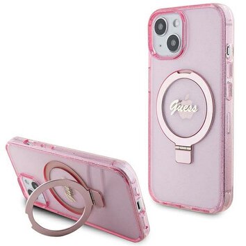 Oryginalne Etui GUESS Hardcase GUHMP15MHRSGSP do iPhone 15 Plus (Magsafe / Glitter Script Logo / Ring stand / różowy)