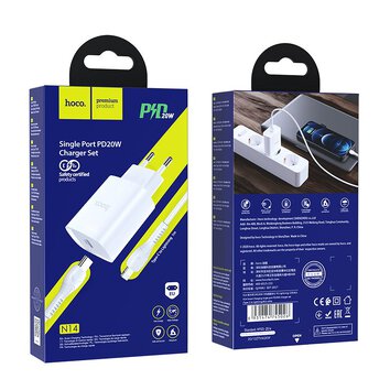 HOCO ładowarka sieciowa Typ C PD 20W Fast Charge Smart Charging z kablem do iPhone Lightning 8-pin N14 biała